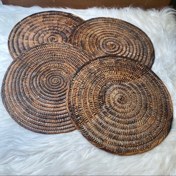 Vintage Other - Vintage Set of 4 Dark Brown Wicker Rattan Woven Placemat Chargers 14" Diameter